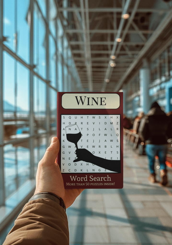 A hand holds up a Wine Word Search Puzzle Book by Ven Westcott