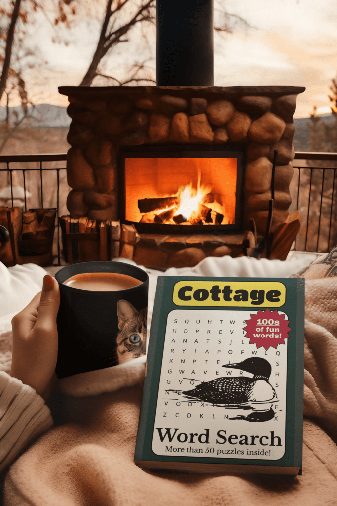 Cottage Word Search Book on a blanket by a hot chocolate in front of a fireplace.