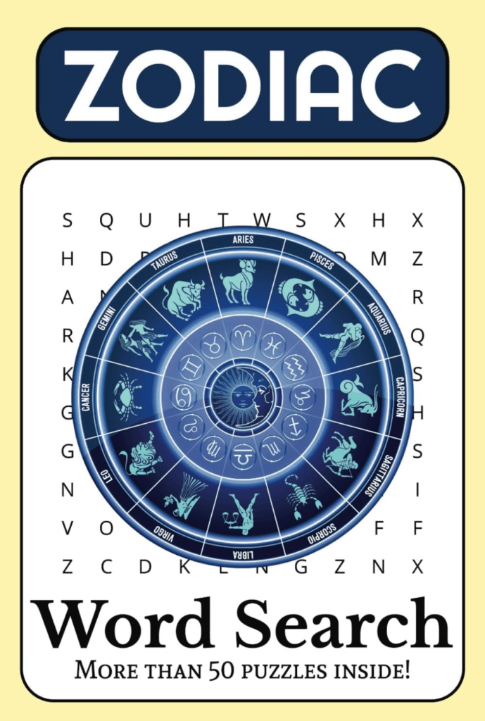Zodiac Wheel with all astrology symbols superimposed over a word search.