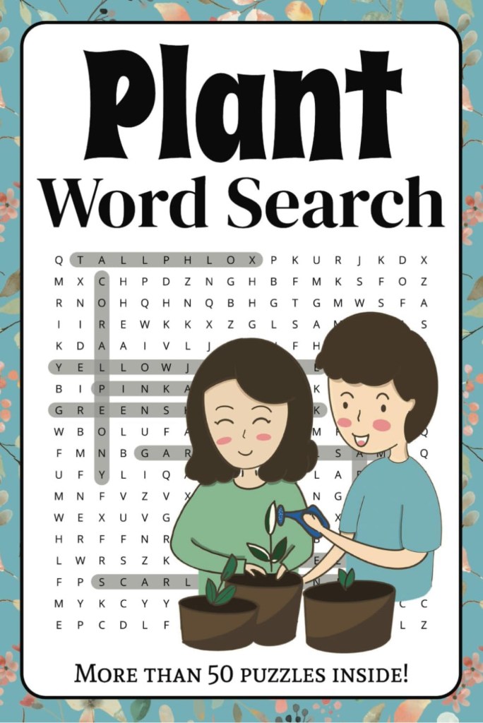 Two cartoon people are planting in pots together, superimposed on top of a word search puzzle book about plants.