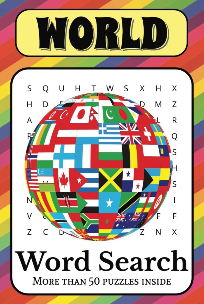 Flags of the world wrap a globe which is superimposed over a word search about the world.