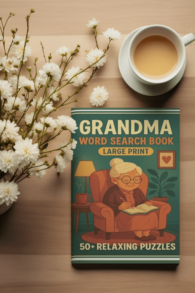 Grandma Word Search Book is sitting on a table beside pretty white flowers and a cup of herbal tea.