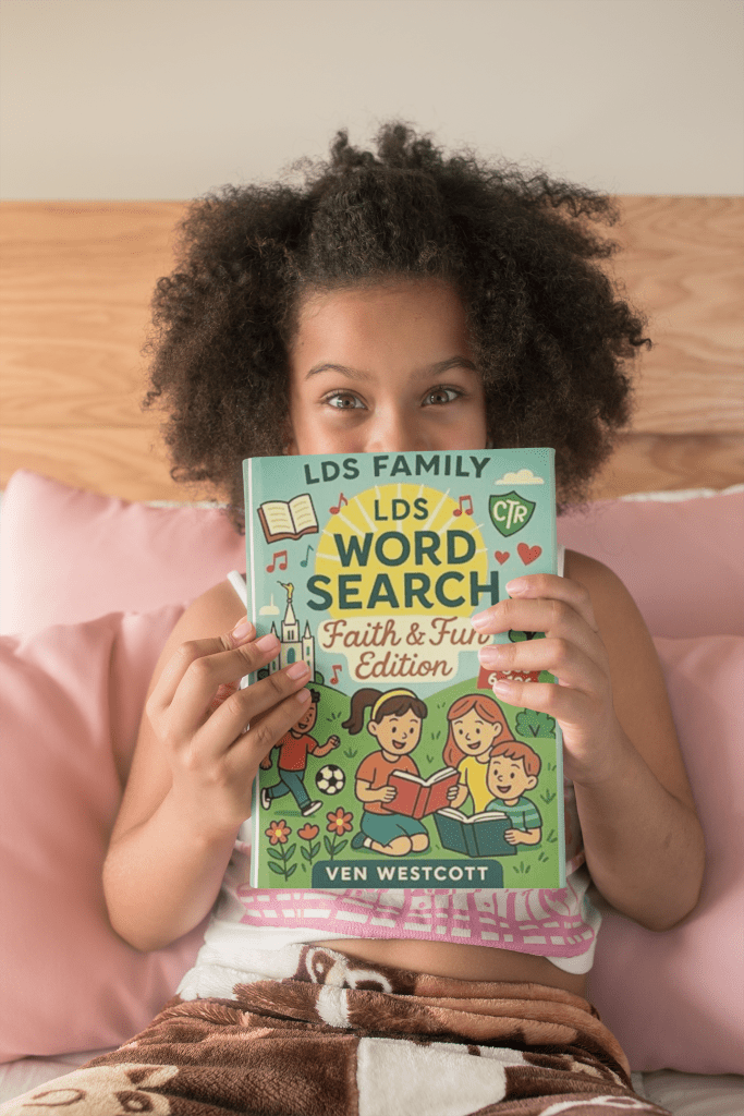 A young girl holds up her LDS Family Word Search Book. Her eyes look like they're smiling.