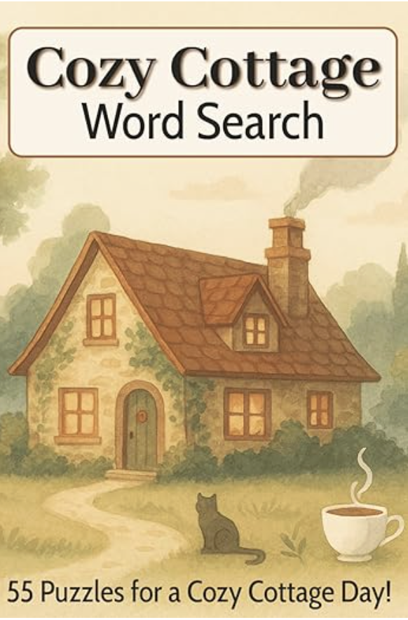 The Cozy Cottage Word Search Puzzle Book cover shows a cottage, a cat and a cup of tea or coffee with steam rising.